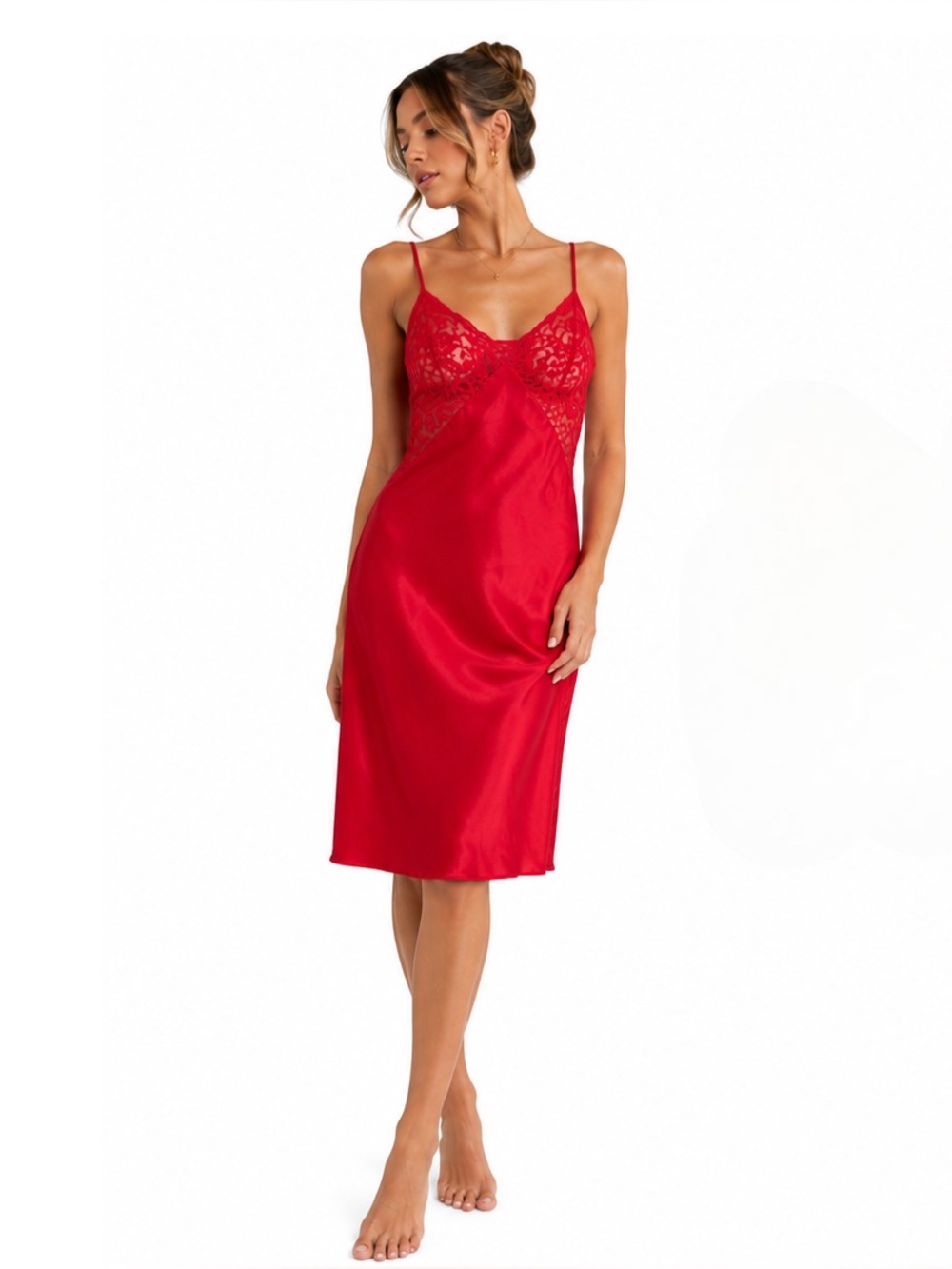 Vintage St Michael Red Satin Lace Full Slip Dress UK 10 (x small) 80s Lingerie